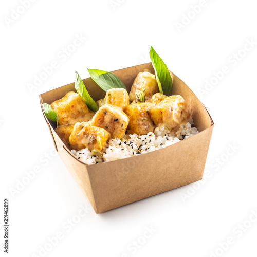 Japanese asian meal in a box of recycled paper isolated on white background. photo