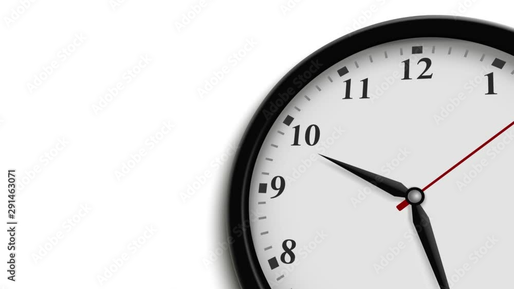 Clock animation in a white background, the half clock is visible in a corner Clock animation in a white background, the half clock is visible in a corner