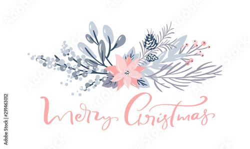 Merry Christmas greeting card design with floral wreath decoration and hand written calligraphic text. Modern winter season postcard, brochure, wall art design