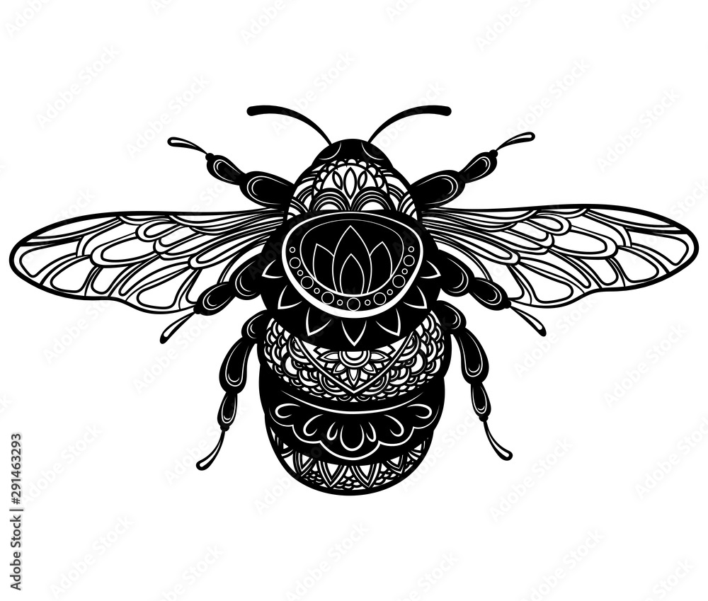 Bee with patterns. Black white bee with ornaments. Stylized wasp. Zentangle  insect. Tattoo. Stock Vector | Adobe Stock