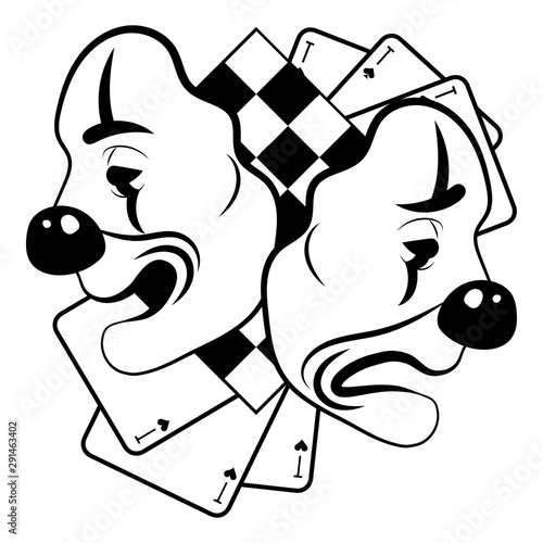 Theatre Masks. Drama and comedy. Illustration for the theater. Tragedy and comedy mask. Black white illustration. Tattoo.