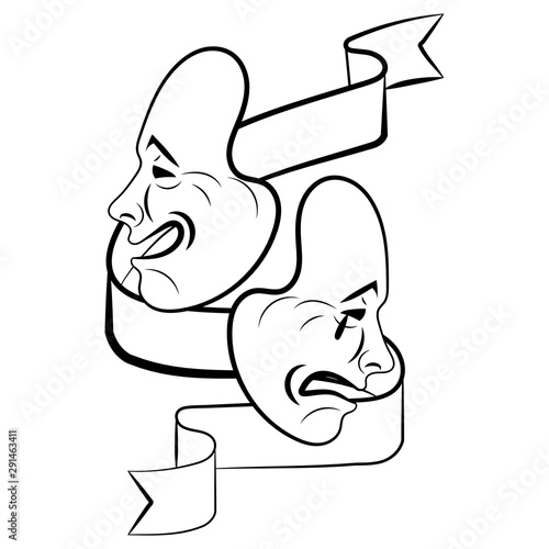 Theatre Masks. Drama and comedy. Illustration for the theater. Tragedy and comedy mask. Black white illustration. Tattoo.