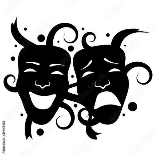 Theatre Masks. Drama and comedy. Illustration for the theater. Tragedy and comedy mask. Black white illustration. Tattoo.