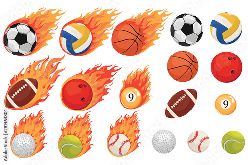 Set of balls in the flame. Collection of sports burning balls. Vector illustration of balls for play.