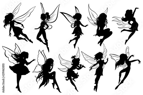Set of fairies. Collection of girls fairy silhouettes. Black white vector illustration for children. Magic girls with wings. Tattoo.
