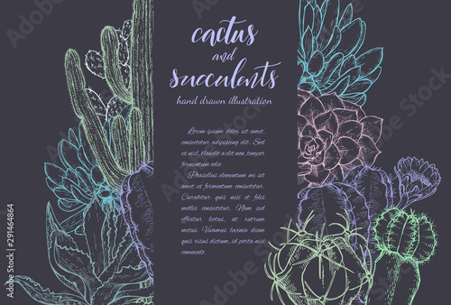 Floral background. Hand drawn vector botanical illustration. Template greeting card, wedding invitation banner with spring flowers. Sketch linear cactus ans succulents . Engraved style illustration.