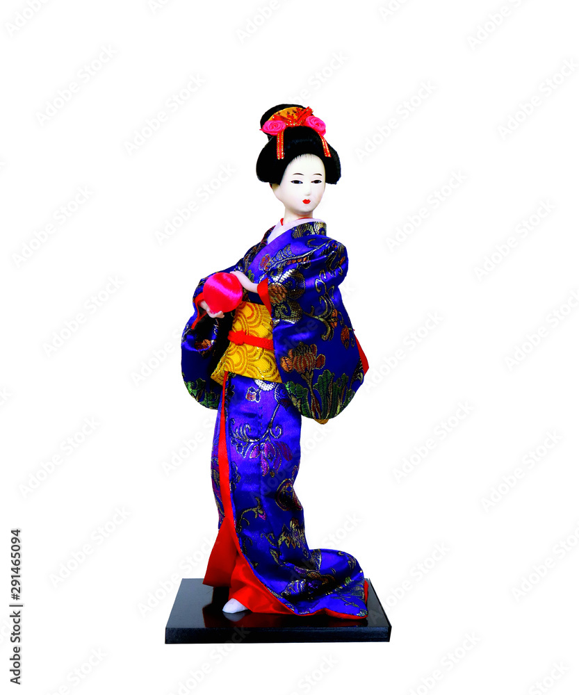 Japanese souvenir of Asian geisha doll in kimono dress with ball on hand, Japanese souvenir of Asian geisha doll in kimono dress with ball on hand,