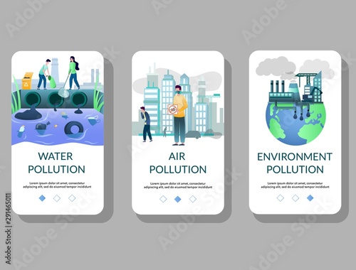 Environment pollution mobile app onboarding screens vector template