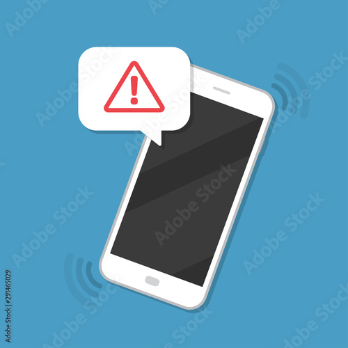 Alert notification with exclamation mark on smartphone in a flat design