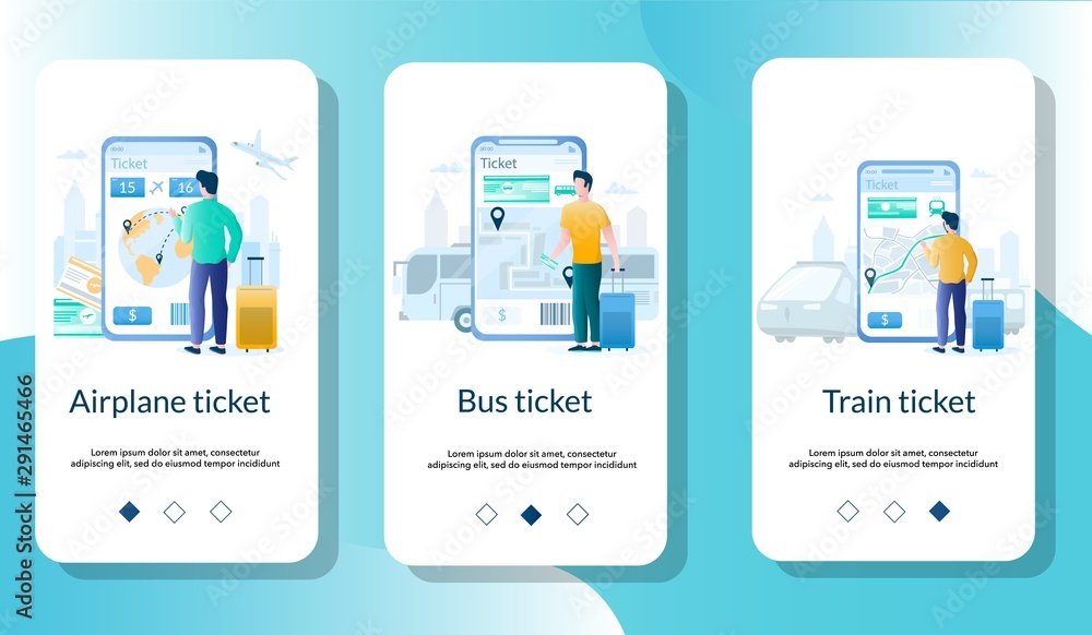 Tickets mobile app onboarding screens vector template Tickets mobile app onboarding screens vector template