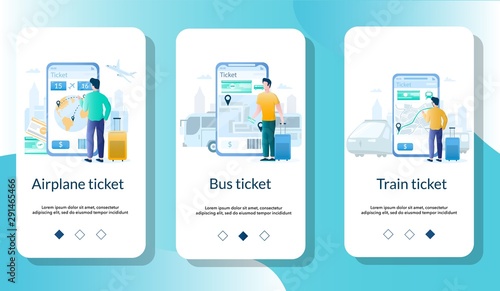 Tickets mobile app onboarding screens vector template