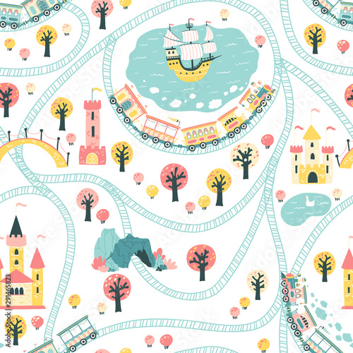 Kingdom seamless pattern. Children's Vector illustration in Scandinavian style with a railway and a train, sea, ship, princess castle. ideal for baby textiles.