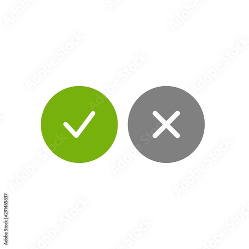 Set of check mark icons. White tick and cross in green and grey circles.