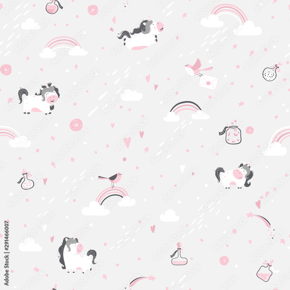 Unicorns in the clouds seamless pattern. Vector magic background in cartoon scandinavian style. Illustration in gray-pink colors on a light background.