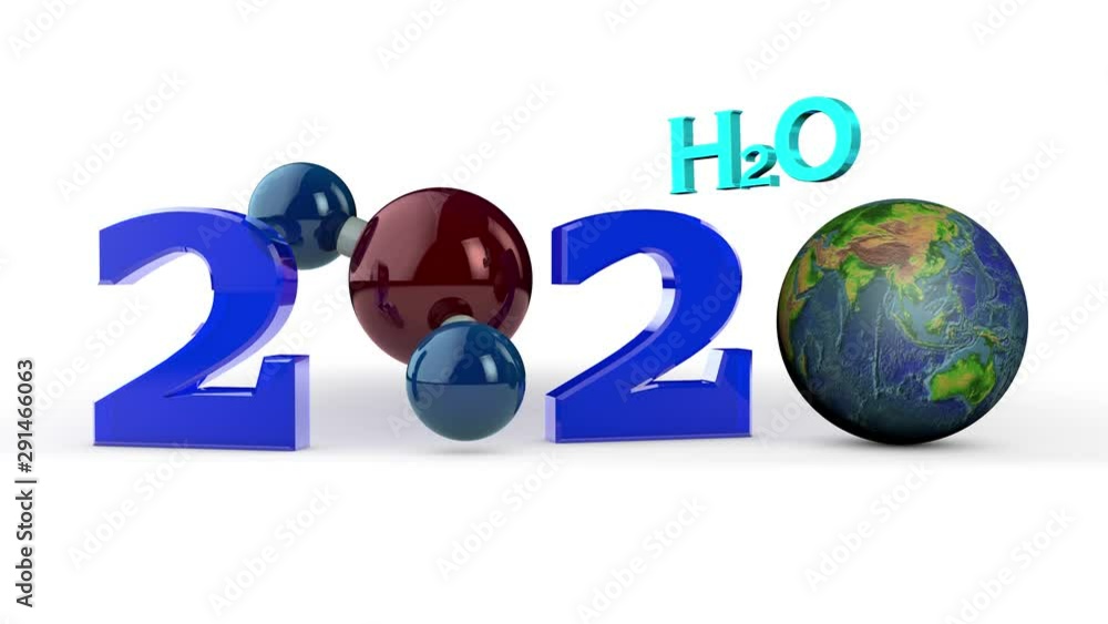 3D animation rendering 2020 new year. Instead of zeros of a water molecule, and a spinning globe. 3D animation rendering 2020 new year. Instead of zeros of a water molecule, and a spinning globe.