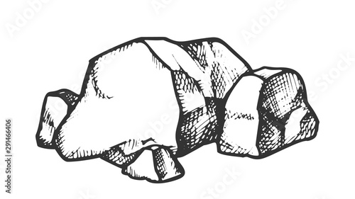 Stone Pile Cobblestone Boulder Monochrome Vector. Solid Strong Stone Castle Build Material. Natural Block Slate Engraving Template Hand Drawn In Retro Style Black And White Illustration
