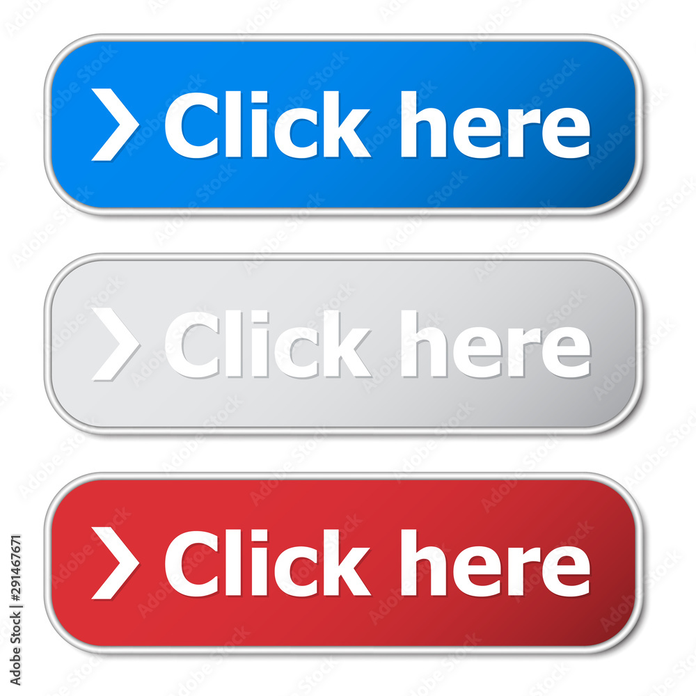 Set of click here button with metal frame and shadow Set of click here button with metal frame and shadow