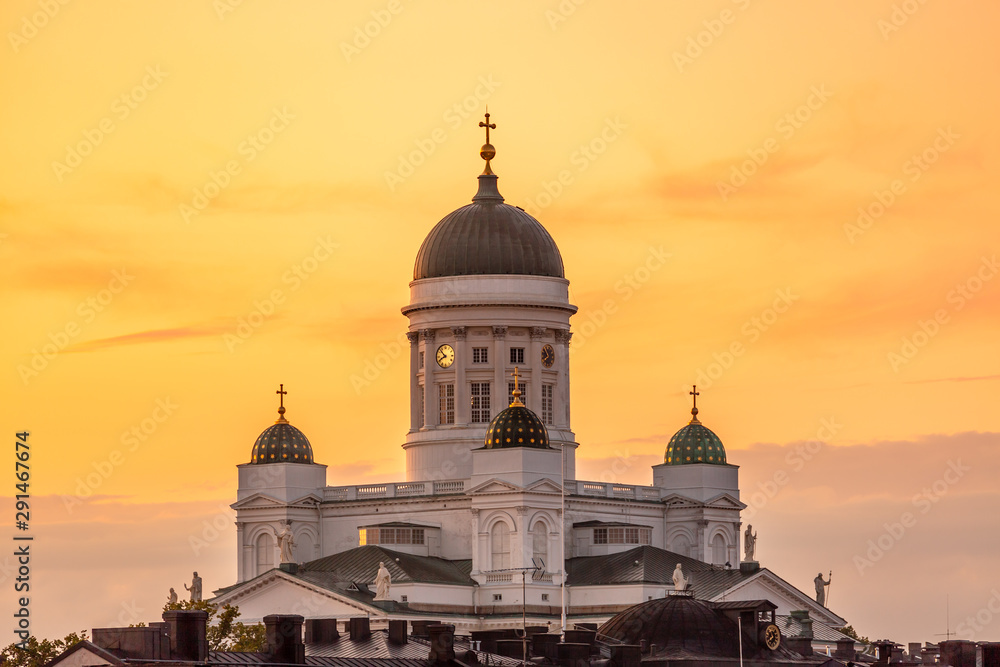 Ariel panoramic view of Helsinki at sunset with a Cathedral church , Finland
