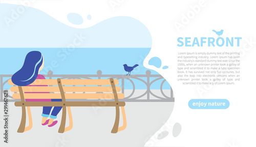 Character Girl on Wooden Bench Seafront Banner