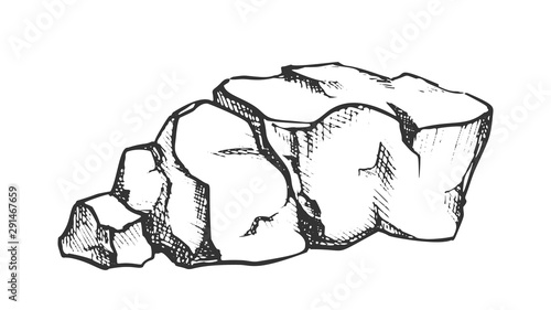 Stone Heap Gravel Cobblestone Monochrome Vector. Solid Strong Crushed Stone Concrete Element. Limestone Nature Slate Engraving Template Hand Drawn In Vintage Style Monochrome Illustration