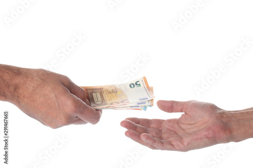 payment and money exchange concept: two man'hands, one giving and one receiving money bills Euro currency isolated on white background with clipping path and copy space for your text