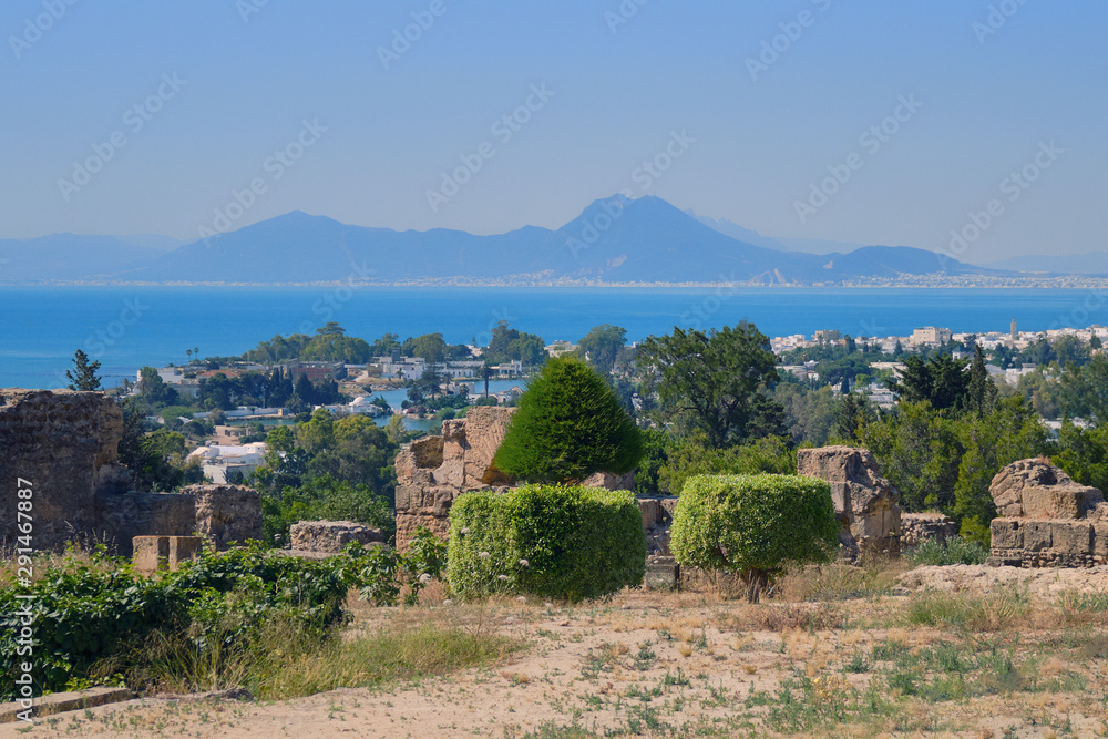 View of the gulf and the ruins of Carthage from Byrsa Hill in Tunisia, North Africa. Mandraki artificial bay, created in antiquity.