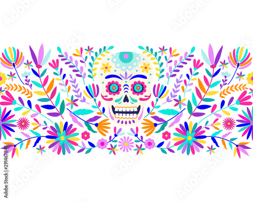 Day of Death seamless border, sugar skull, flowers in ethnic style.