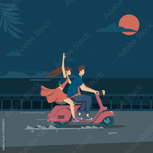 guy and girl ride a scooter near the sea at night. vector illustration of rest and relaxation in a flat style