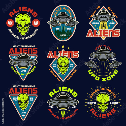 Aliens and ufo set of nine vector colored emblems
