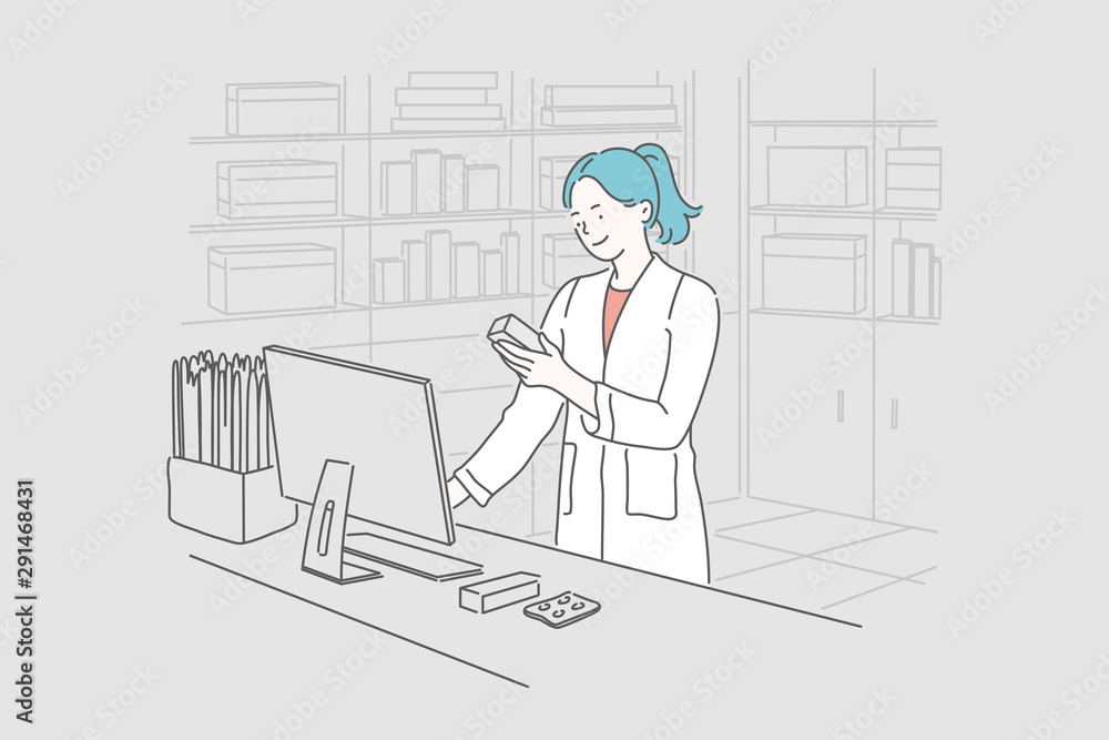 Pharmacy, medicine, healthcare concept. Young happy smiling woman or girl pharmacist selects the necessary pills for the client. Selection of pills and checking the expiration date. Simple flat vector Pharmacy, medicine, healthcare concept. Young happy smiling woman or girl pharmacist selects the necessary pills for the client. Selection of pills and checking the expiration date. Simple flat vector