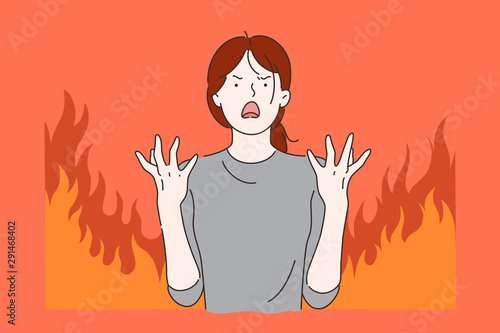 Menstrual pain, aggression, stress concept. Young woman or girl on the verge of psychological breakdown. Teenager in Puberty. Crazy. Relationship tension. Simple flat vector.