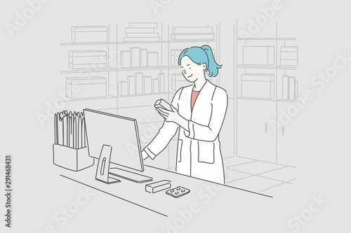 Pharmacy, medicine, healthcare concept. Young happy smiling woman or girl pharmacist selects the necessary pills for the client. Selection of pills and checking the expiration date. Simple flat vector photo