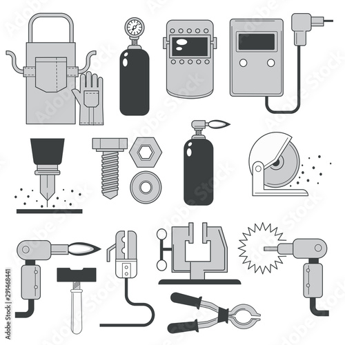Building and repair tools, welding and sawing toolkit isolated icons