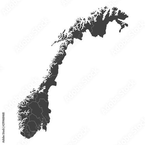 Norway map with selected regions in black color on a white background