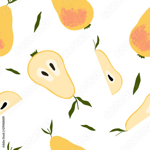 Seamless pattern with pears and leaves. Colorful juicy fruit pears. Vector hand drawn pattern on white background.