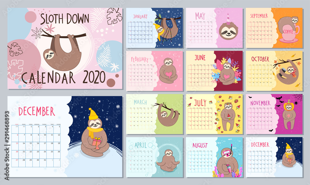 Monthly new year 2020 calendar with cute sloth characters in cartoon style
