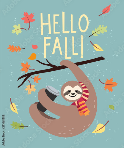 Hello Fall card with lazy sloth in cartoon style