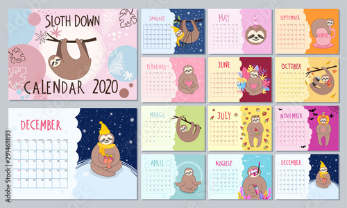 Monthly new year 2020 calendar with cute sloth characters in cartoon style