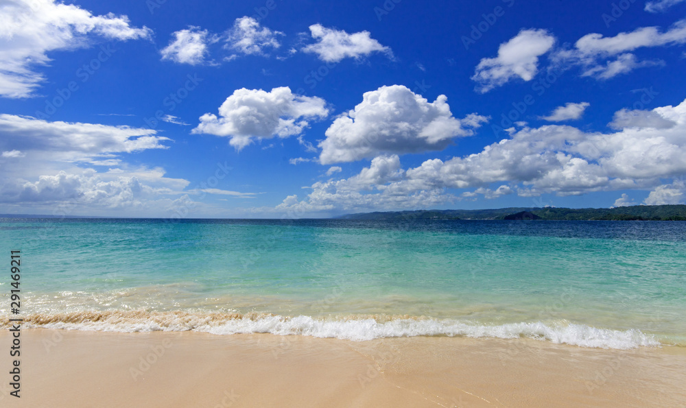 Wonderful holidays on beautiful and lonely lagoon on the paradise beach Cayo Levantado on Samana, Dominican Republic  in the Caribbean with  palms trees, and dream beach and beautiful clear water. 