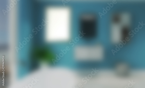 Unfocused, Blur phototography. View of a large bath, in blue and light floor. Modern design.. 3D rendering.Blank paintings.  Mockup. photo