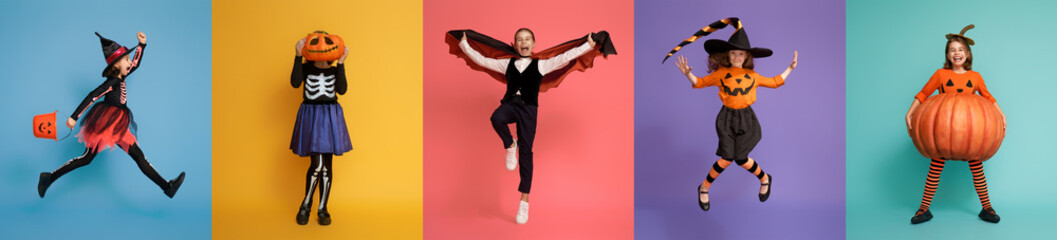 Children in carnival costumes on multicolor background.