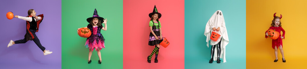 Children in carnival costumes on multicolor background.