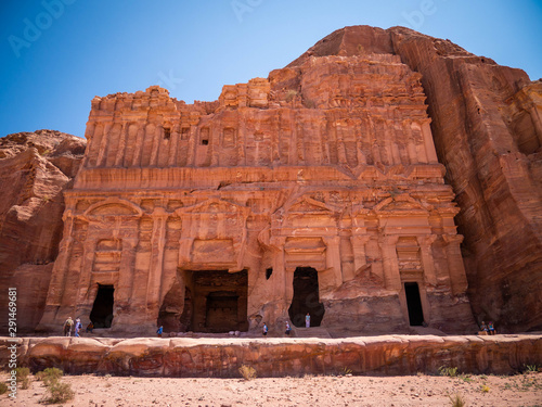 Facade of a temple built into sandstone in the historic city of Petra, Jordan