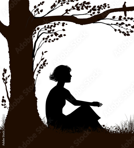 young woman is sitting under the tree in hot summer day, woman rest, summer memories, black and white,