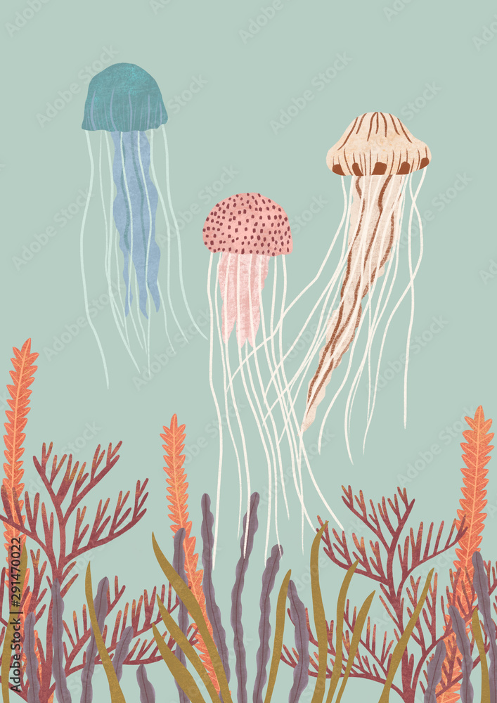 Jellyfish in ocean with sea anemone Stock Illustration | Adobe Stock