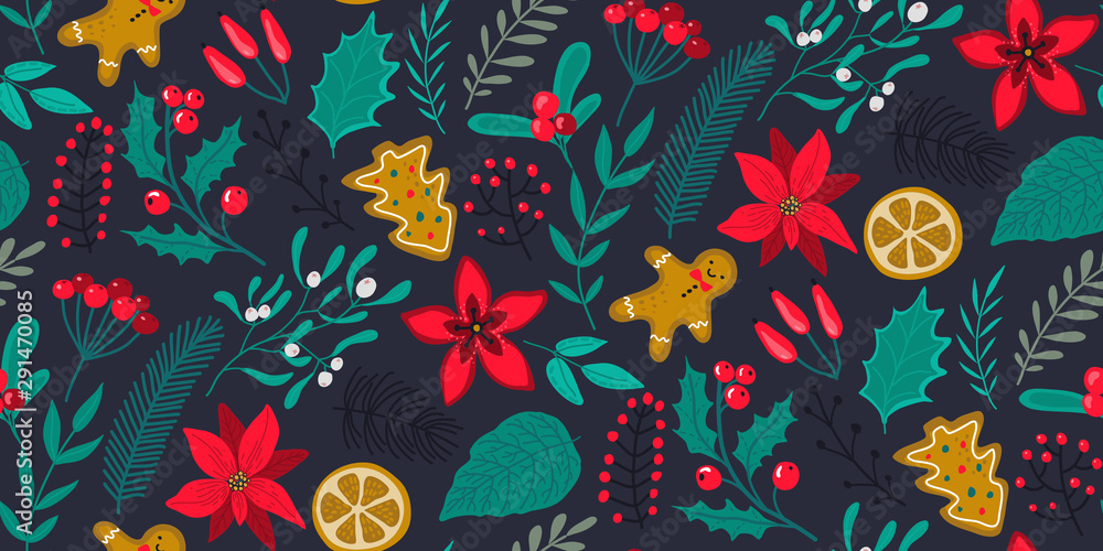 Vector seamless pattern with traditional Christmas plants, flowers Vector seamless pattern with traditional Christmas plants, flowers