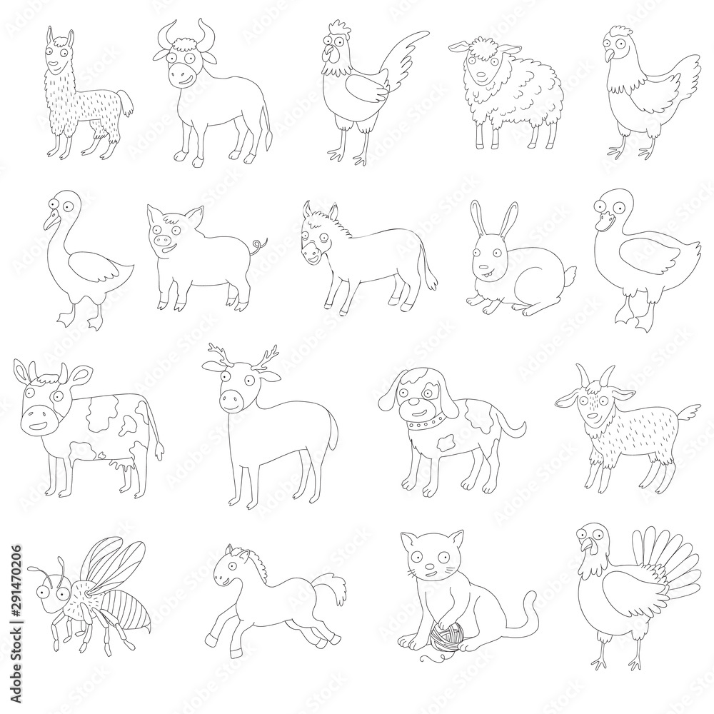 farm animals set, hand drawn linear icons