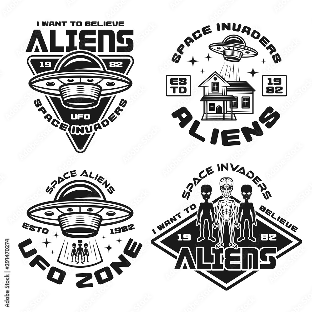 Set of vector aliens and ufo emblems and badges Set of vector aliens and ufo emblems and badges