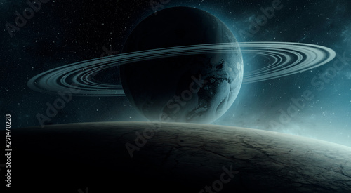 surreal space 3d illustration, planet with rings rising over horizon (no NASA images used)