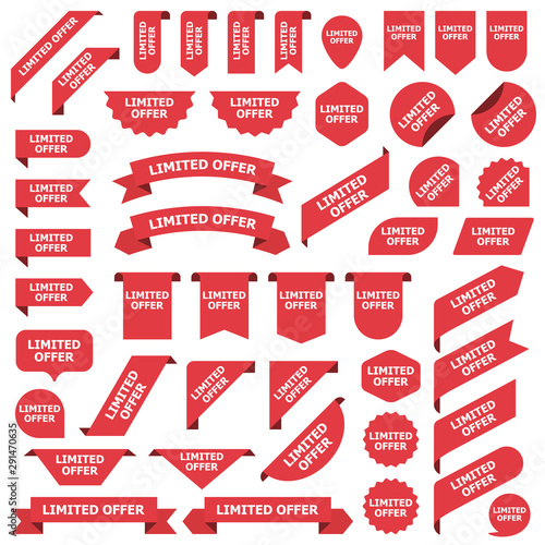 Big set of red stickers limited offer tags, labels and banners